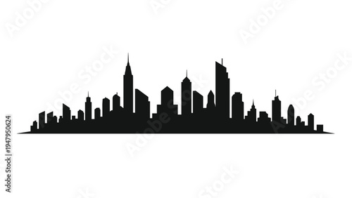 Black silhouette of a large city skyline with numerous skyscrapers and high rise buildings on a clean white background for urban themes.