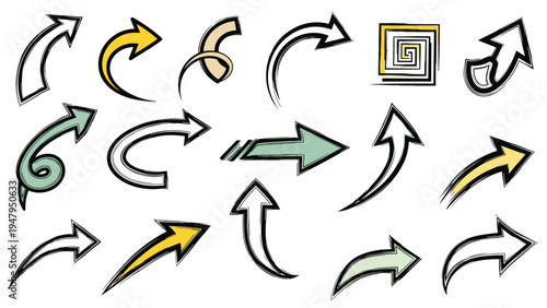 Large collection of hand drawn sketch style arrows with various curves, spirals, and points in different colors for creative design projects.