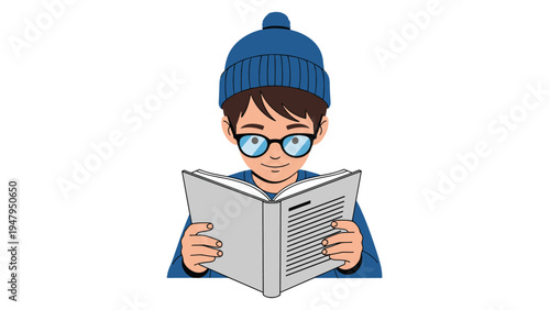 Young boy wearing blue glasses and a matching beanie hat focused on reading an open book in a flat illustration style against a white background.