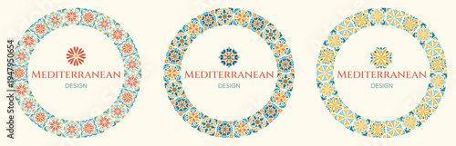 Set of three circular mexican tile frames with floral and geometric talavera motifs in blue, orange and yellow. Ornamental ceramic borders inspired by traditional folk patterns on a light background.