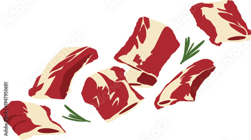 Raw cuts of beef with rosemary sprigs on a transparent background