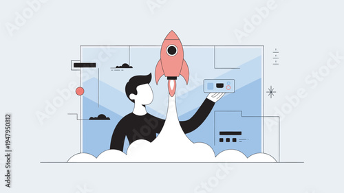 A man launching a rocket from his smartphone in a modern digital illustration