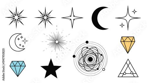 Mystical collection of celestial symbols including various stars, crescent moons, shining gems, and an atomic orbital diagram in black and gold.