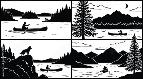 Canoe adventure silhouette set featuring mountain landscapes, forest lake, wild wolf on cliff, and man paddling boat in night scene.