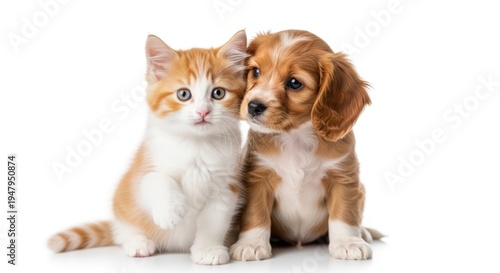 A cute ginger and white kitten sits next to a small brown and white puppy on a white background.