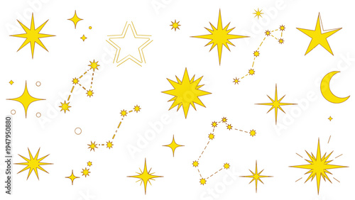 Celestial collection of bright yellow and gold stars and various constellations scattered across a clean white background for night sky themes.