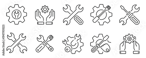 Collection of green line icons for tools and gears on white background