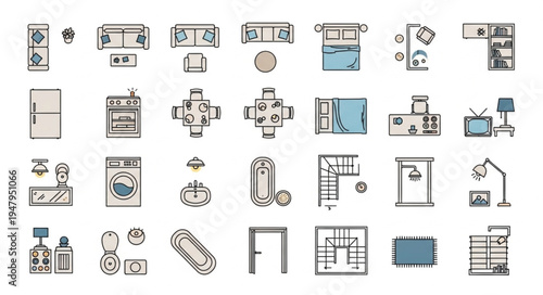 Architectural Furniture Layouts - Top-Down Views for Interior Design Planning.
