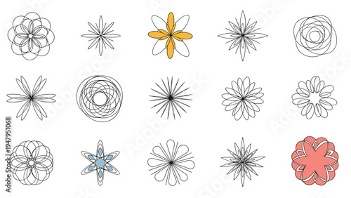 Artistic collection of stylized floral and geometric symbols in a fine line art style including mandala like circular patterns and flowers.