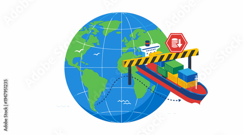 Tariffs Impeding Global International Trade Showing Container Ship Stopped by a Barrier and Cost Symbol