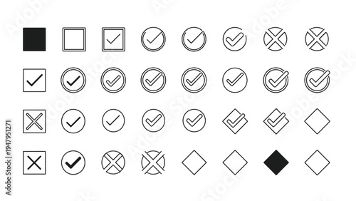 Collection of various check marks, cross symbols, and geometric shapes in different styles and weights for document marking.