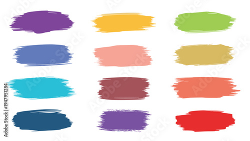 Set of colorful hand-painted brush strokes and ink splatters in various vibrant shades on a clean white background.