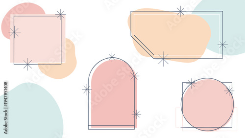 Set of aesthetic pastel geometric frames and shapes with star sparkles for modern blog and social media layouts.