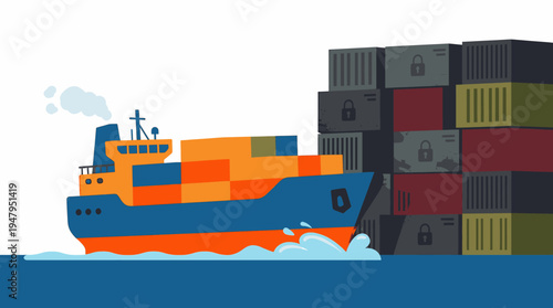 Tariffs Impacting Global Trade and Supply Chain Represented by Cargo Ship with Locked Shipping Containers