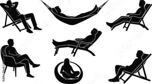 Collection of people relaxing silhouettes, men and women resting in hammocks and lounge chairs, summer vacation leisure activities, isolated icons.