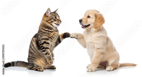A tabby cat and a golden retriever puppy high-fiving on a white background.