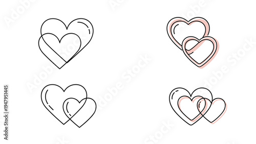 Collection of four overlapping heart icons in different line styles and pink color accents for romantic themes.