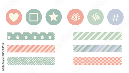 Set of pastel colored stationery elements including washi tapes and circular icons with hearts, stars, and patterns.