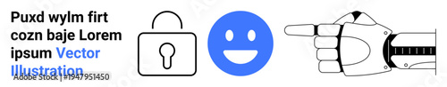 Cybersecurity, robotics, artificial intelligence, digital communication, automation, identity protection. A padlock, happy face and robotic hand. Cybersecurity and robotics concept