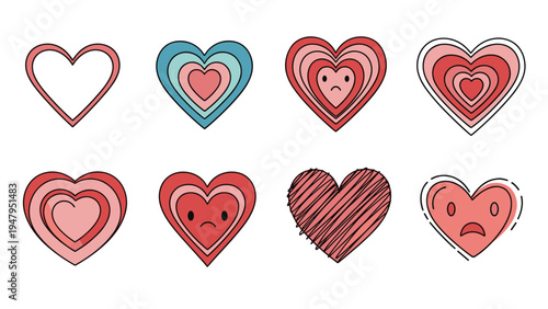 Collection of stylized heart illustrations with different facial expressions and layered patterns in red and pink.