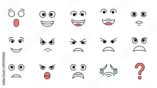 Collection of fifteen simple cartoon facial expressions and icons including happy, angry, sad, and surprised faces.