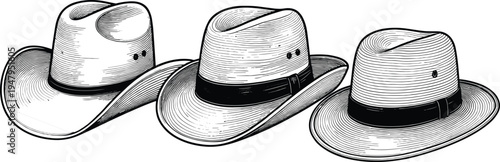 Cowboy hat woodcut silhouette set, western fedora headwear icons, vintage rancher accessory, classic country style apparel, retro farm equipment, isolated.