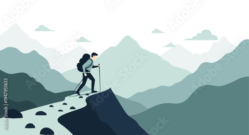 Adventurous hiker with backpack and poles ascends a rocky mountain trail amidst scenic blue-green mountain ranges.