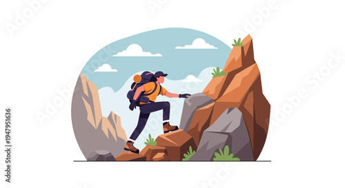 Adventurous hiker climbing rocky mountain peak, reaching summit with backpack, outdoor activity