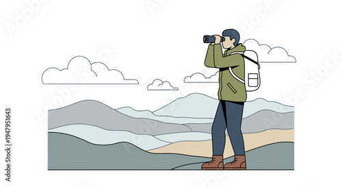 Adventurous hiker with backpack observing scenic mountain landscape through binoculars