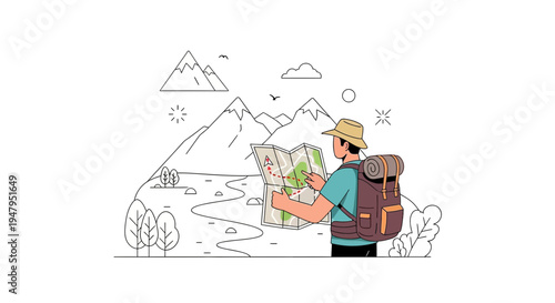 Adventurous hiker with backpack studying map in scenic mountain landscape, planning journey