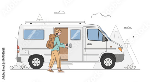 Adventurous person with backpack exiting camper van for mountain exploration