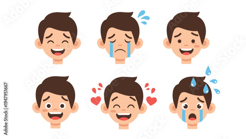 Set of six cartoon boy heads with different facial expressions showing joy, sadness, and surprise in a flat style.