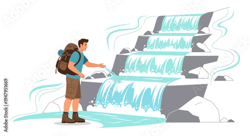 Adventurous hiker with backpack touching cascading waterfall in lush green nature, exploring wilderness