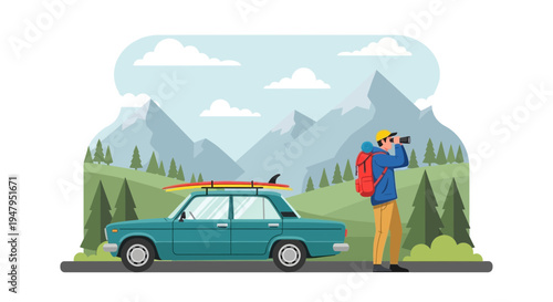 Adventurous traveler with backpack and camera on road trip with car and surfboard