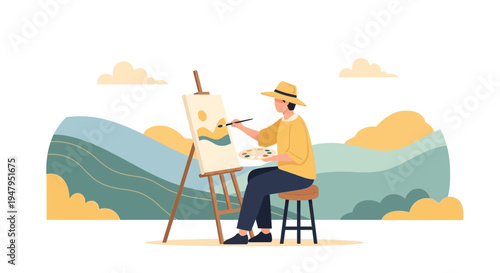 Artist painting landscape on easel outdoors with mountains and clouds, creative hobby