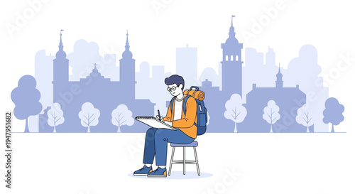 Artist sketching cityscape in urban park, creative travel and inspiration