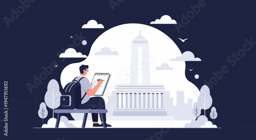 Artist sketching landmark building on bench, travel and creativity concept