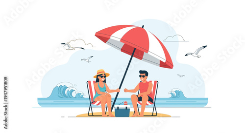 Couple relaxing on beach under umbrella, enjoying vacation by the sea