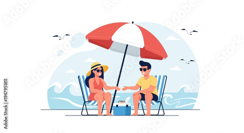 Couple Relaxing on Beach Chairs Under Umbrella, Enjoying Summer Vacation