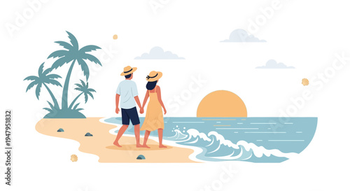 Couple walking on beach at sunset, holding hands, romantic vacation, tropical paradise