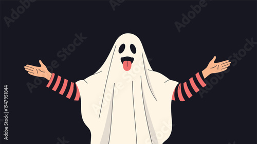 Person dressed as a ghost with a white sheet and sticking out their tongue against a dark background for halloween fun and spooky themes.