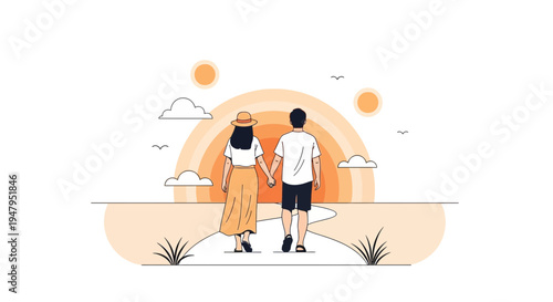 Couple walking hand in hand towards a vibrant sunset, symbolizing love and journey