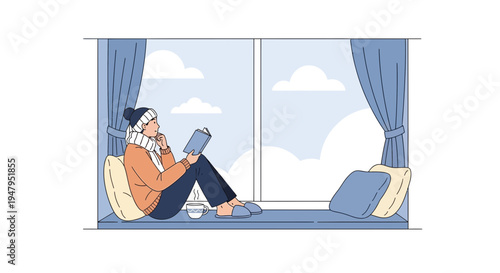 Cozy person reading book by window on winter day, enjoying quiet time