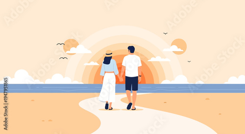 Couple walking on beach at sunset, romantic getaway, scenic ocean view, love and vacation