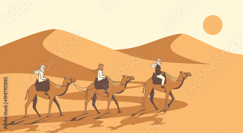 Desert Caravan: Three people riding camels across sand dunes under a bright sun.
