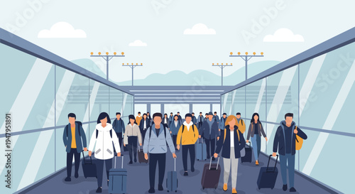 Crowd of diverse travelers walking through airport terminal with luggage