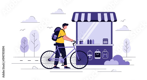 Delivery man with bicycle near shop, urban scene, e-commerce concept