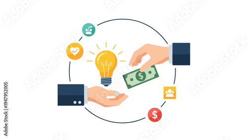 Conceptual illustration of an exchange where a hand receives money while another offers a glowing lightbulb idea for business investment.