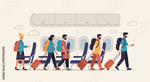 Diverse passengers with luggage boarding airplane, travel concept