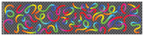 Abstract colorful 3D Wave Shape squiggle and gradient liquid shape vector pattern, bright rainbow worms and confetti curves on transparent background for trendy design
